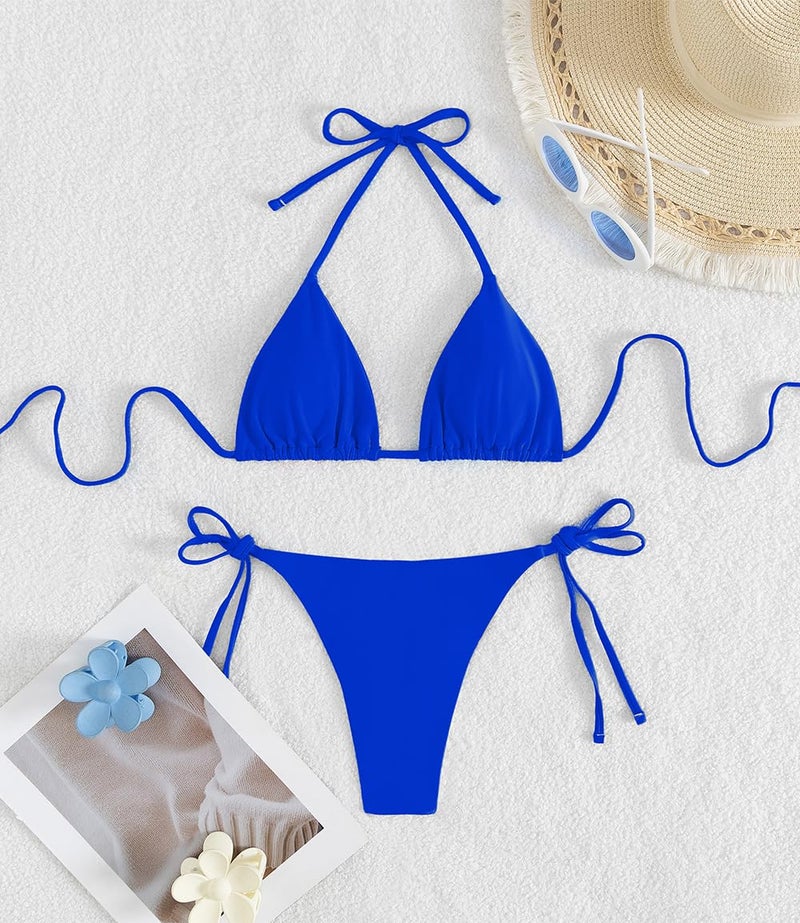 Tainehs Women's Sexy Halter Thong Bikini Tie Two Sides Bottom Triangle Bikini Swimsuits Blue - Image 5